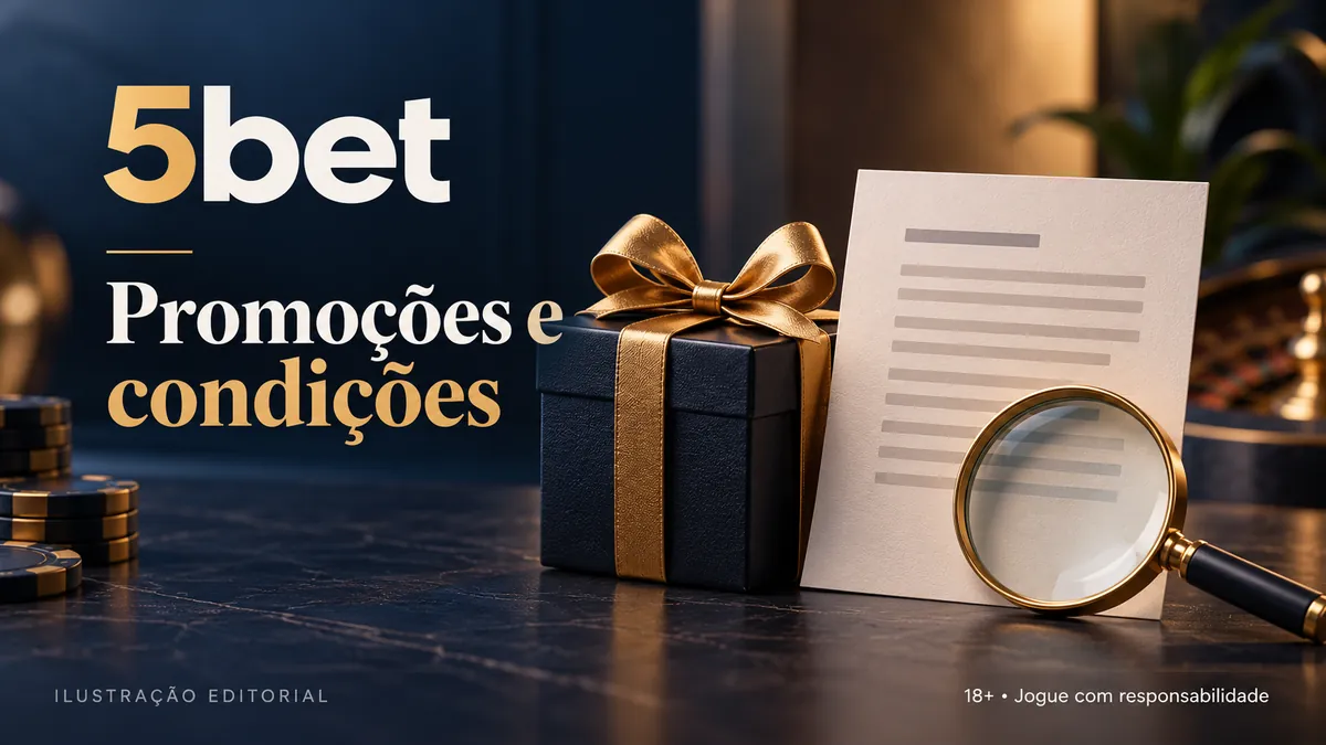Presente com laço dourado e lupa diante de um documento, com o texto 5bet Promoções e condições