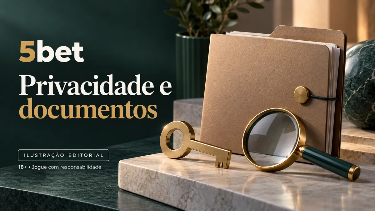 Pasta de documentos, chave dourada e lupa, com o texto 5bet Privacidade e documentos