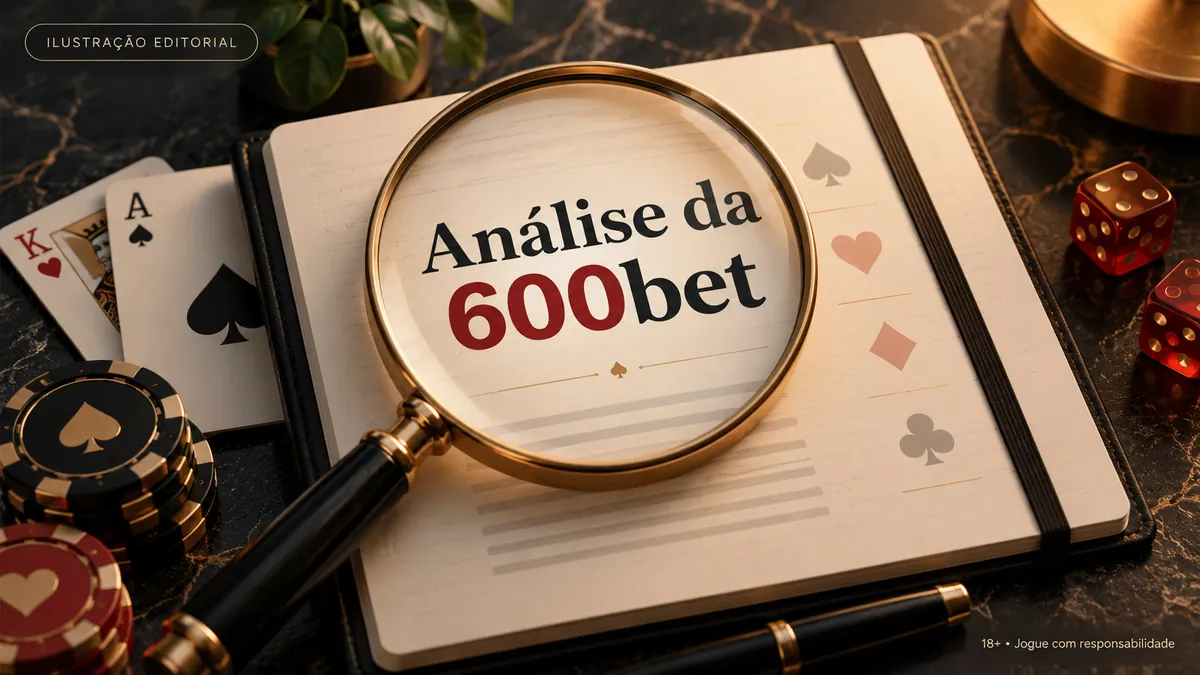 Lupa sobre caderno aberto com a inscrição Análise da 600bet, cartas e dados vermelhos