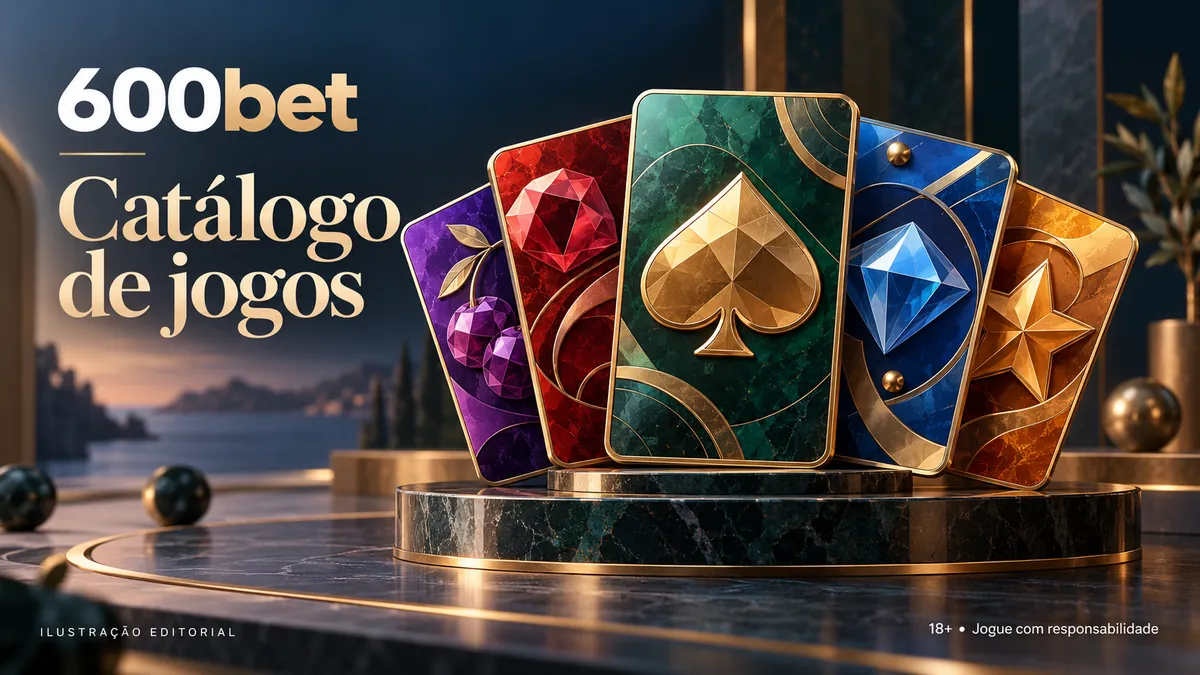 Cartas coloridas com pedras e naipes em pedestal, título 600bet Catálogo de jogos