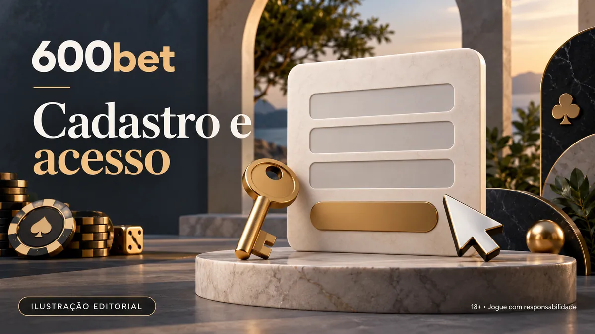 Formulário com botão dourado, chave e cursor sobre pedestal, título Cadastro e acesso