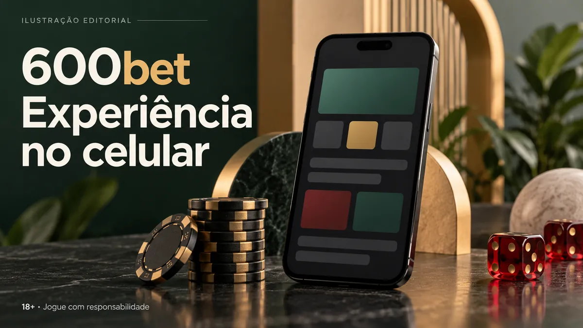 Smartphone com blocos coloridos na tela, fichas e dados, título Experiência no celular