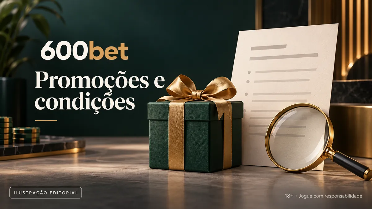 Presente verde com laço dourado e folha de condições sob lupa, título Promoções e condições
