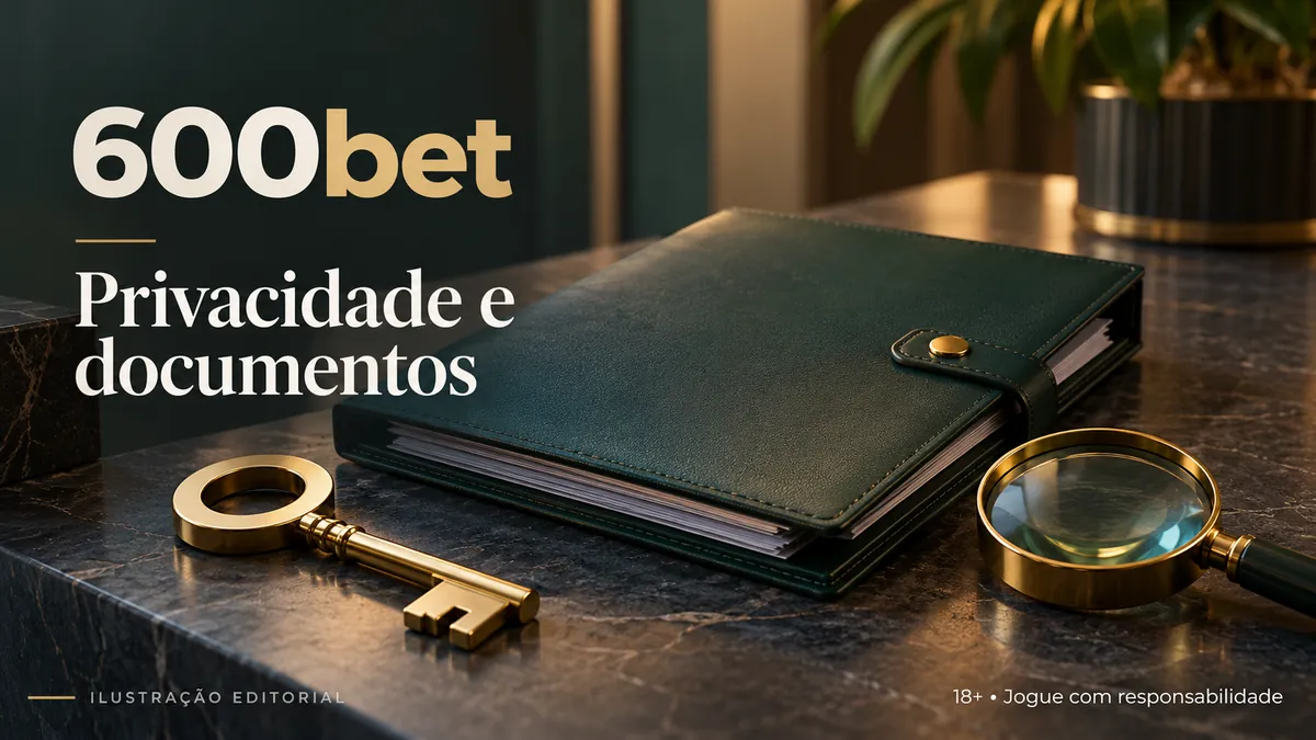 Agenda de couro verde, chave dourada e lupa, título Privacidade e documentos