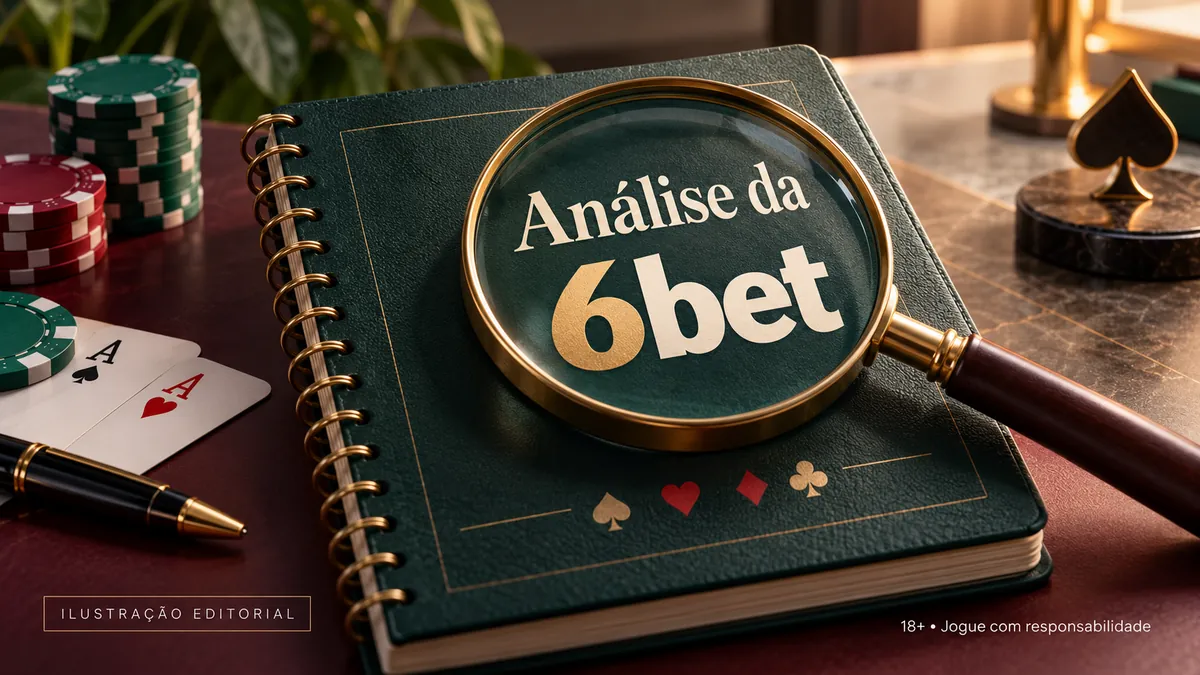Caderno verde com o título Análise da 6bet sob uma lupa dourada, ao lado de cartas e fichas