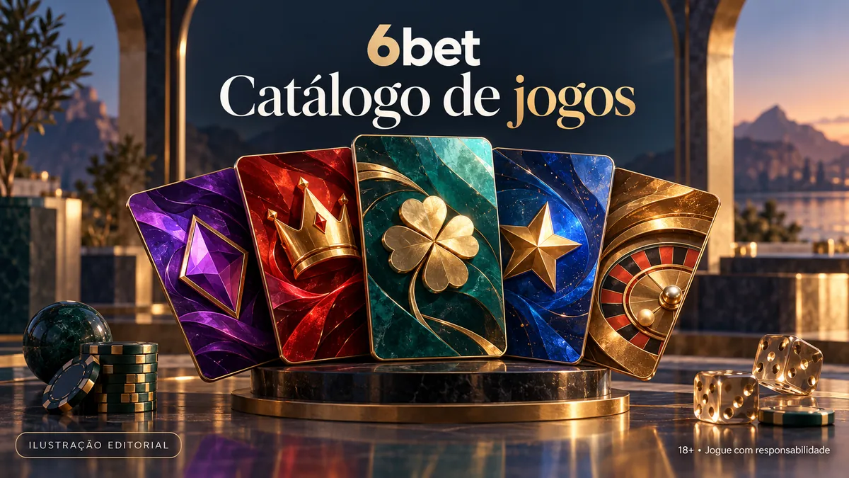 Cartas estilizadas com coroa, trevo e estrela sobre pedestal, com o texto 6bet Catálogo de jogos