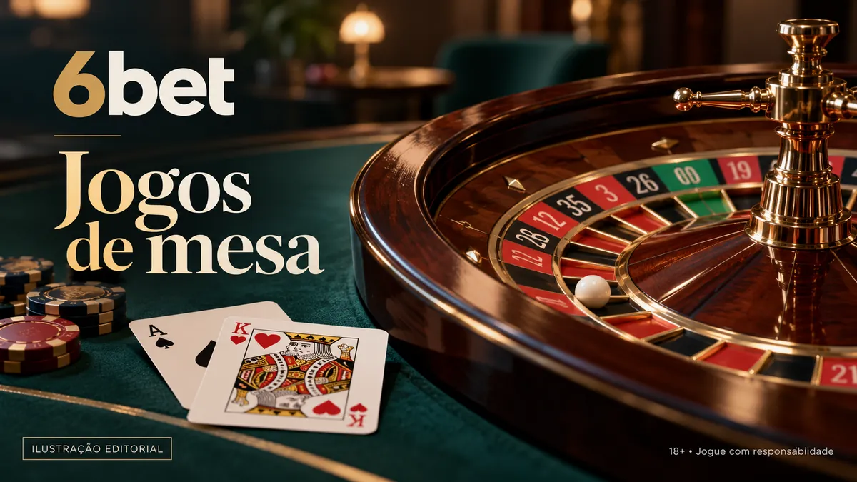 Roleta de madeira e cartas sobre feltro verde, com o texto 6bet Jogos de mesa