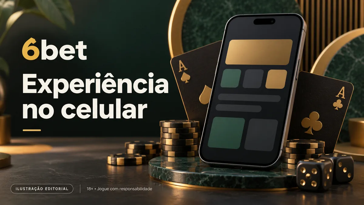 Celular em base de mármore entre cartas, fichas e dados, com o texto 6bet Experiência no celular