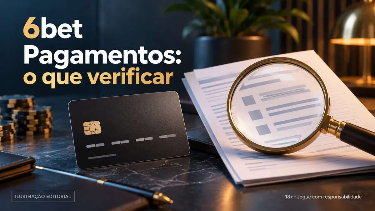 Cartão preto e lupa sobre documentos, com o texto 6bet Pagamentos: o que verificar