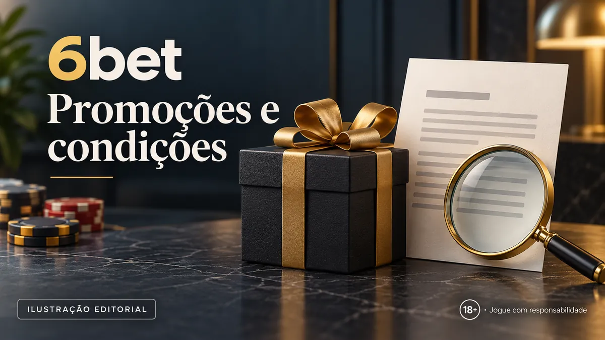 Caixa de presente preta com laço dourado e lupa sobre um documento, com o texto 6bet Promoções e condições