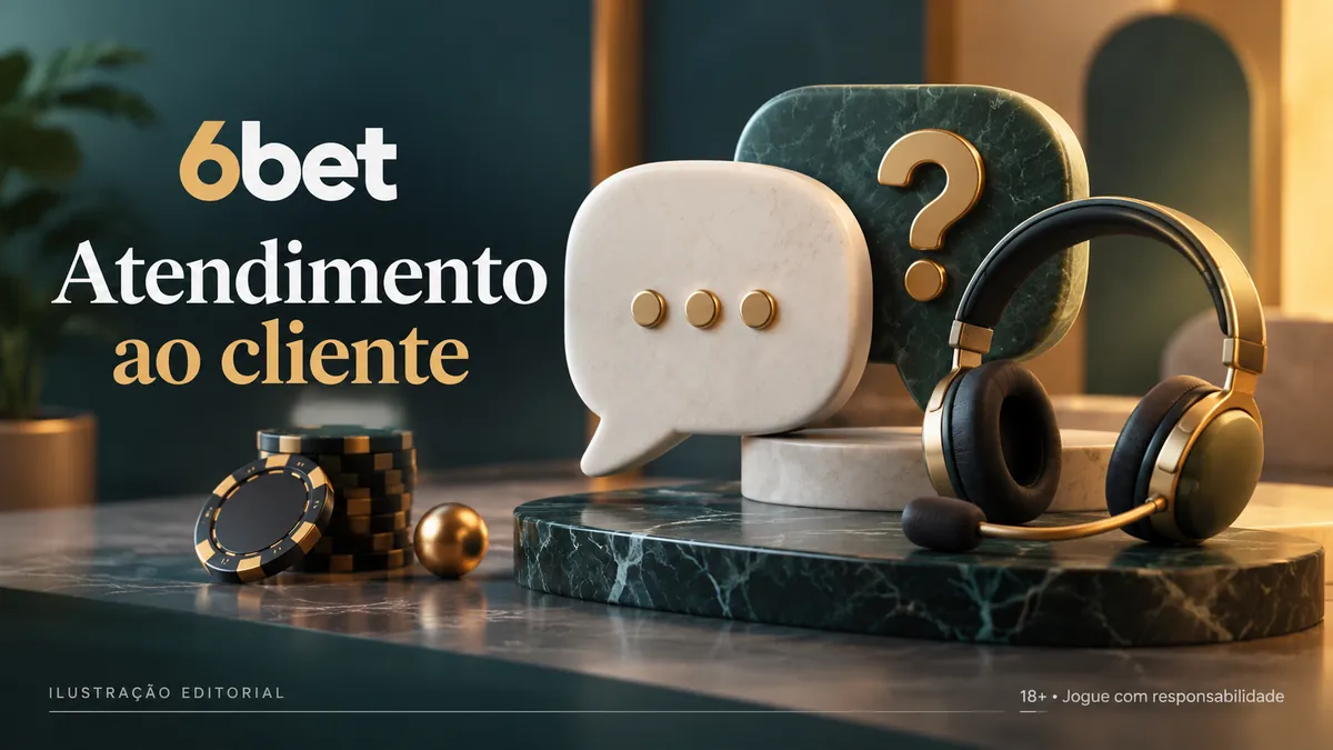 Balão de conversa, ponto de interrogação e fone de ouvido, com o texto 6bet Atendimento ao cliente