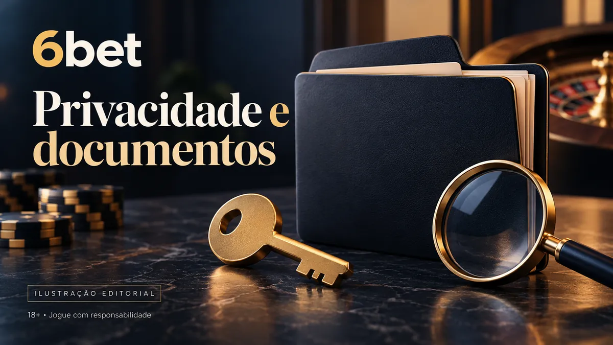 Pasta escura, chave dourada e lupa, com o texto 6bet Privacidade e documentos
