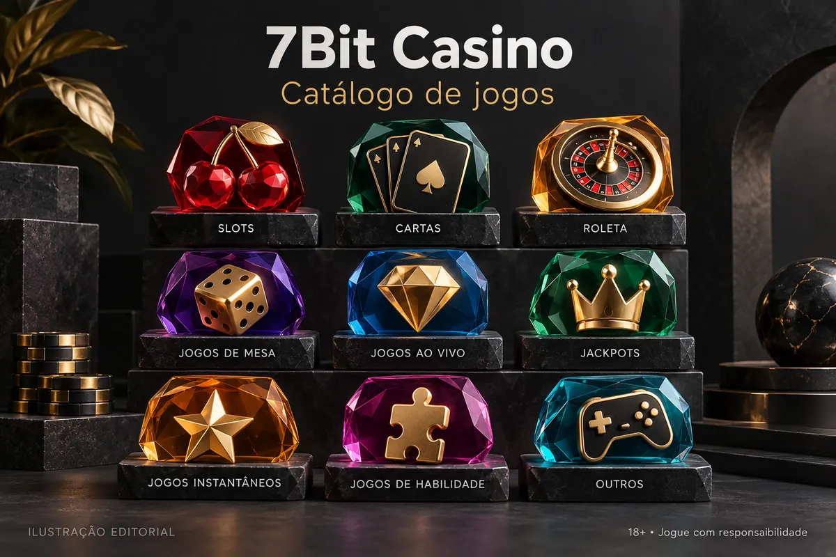 Catálogo de jogos de 7Bit Casino: slots, mesas e cassino ao vivo. Ilustração editorial.