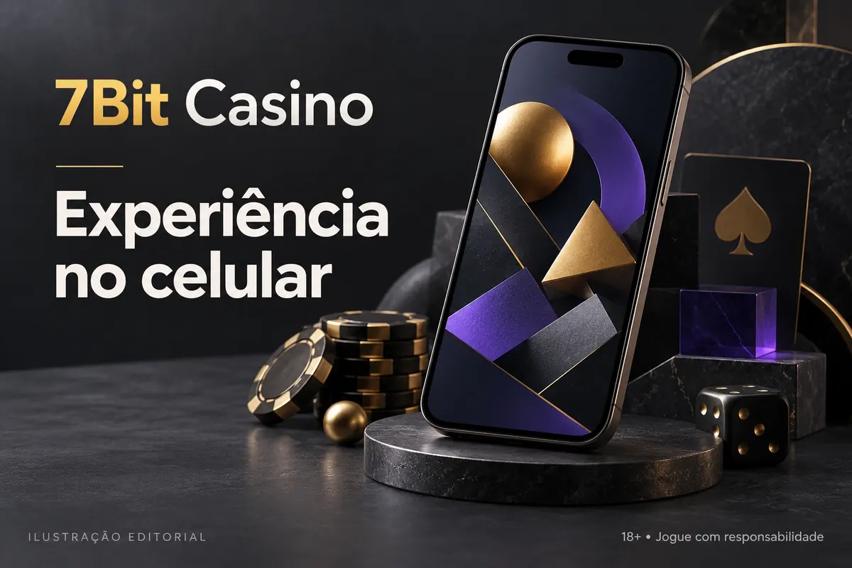 7Bit Casino no celular: funciona pelo navegador, o app é opcional. Ilustração editorial.