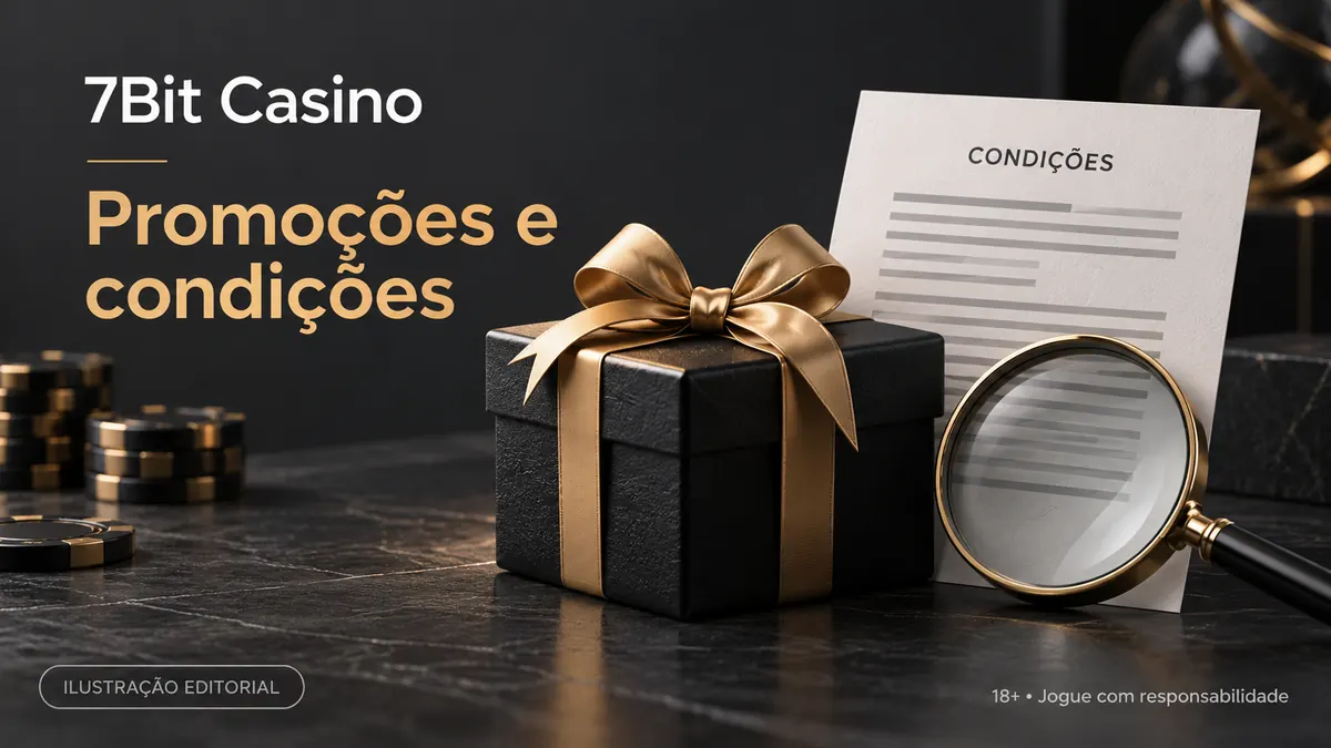 Promoções e condições em 7Bit Casino: confira o rollover e a aposta máxima. Ilustração editorial.