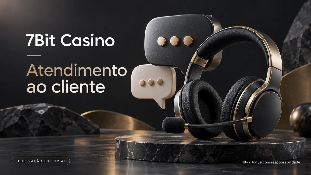 Atendimento ao cliente de 7Bit Casino: chat e e-mail; confira horários e idioma. Ilustração editorial.