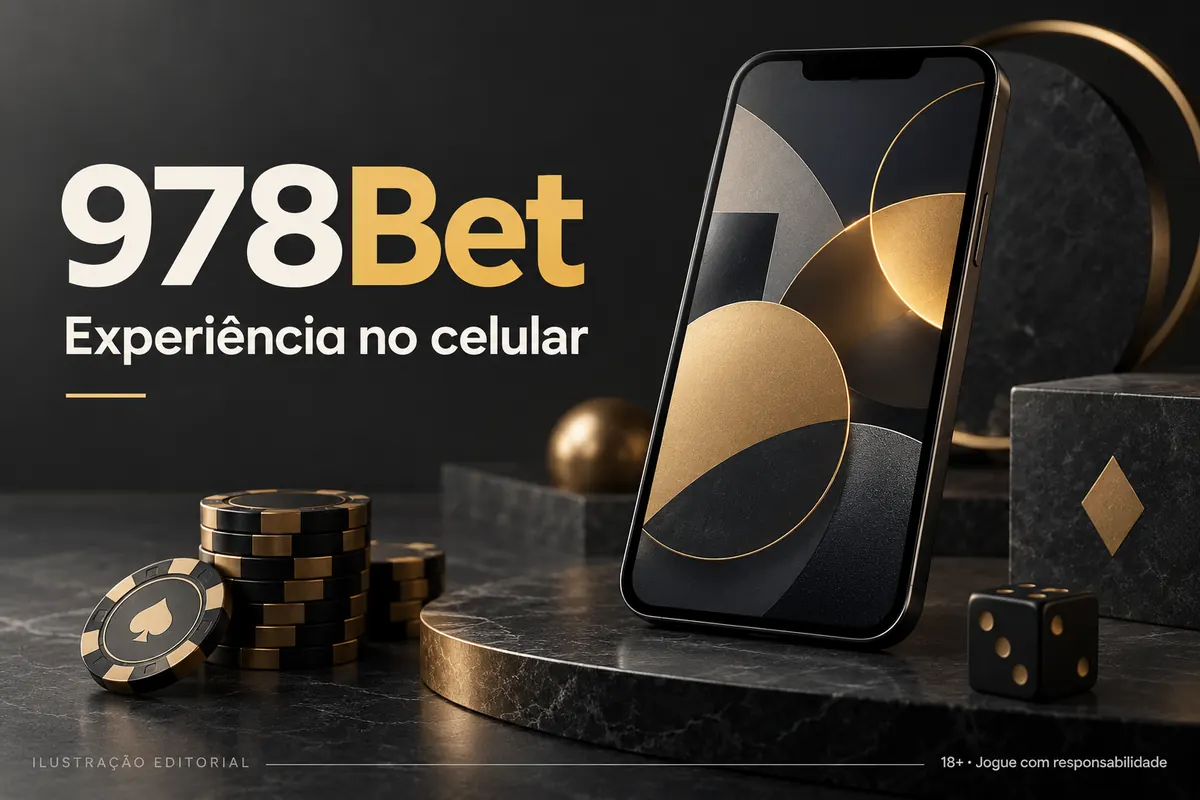 978Bet no celular: funciona pelo navegador, o app é opcional. Ilustração editorial.