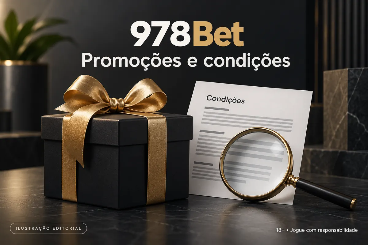 Promoções e condições em 978Bet: confira o rollover e a aposta máxima. Ilustração editorial.