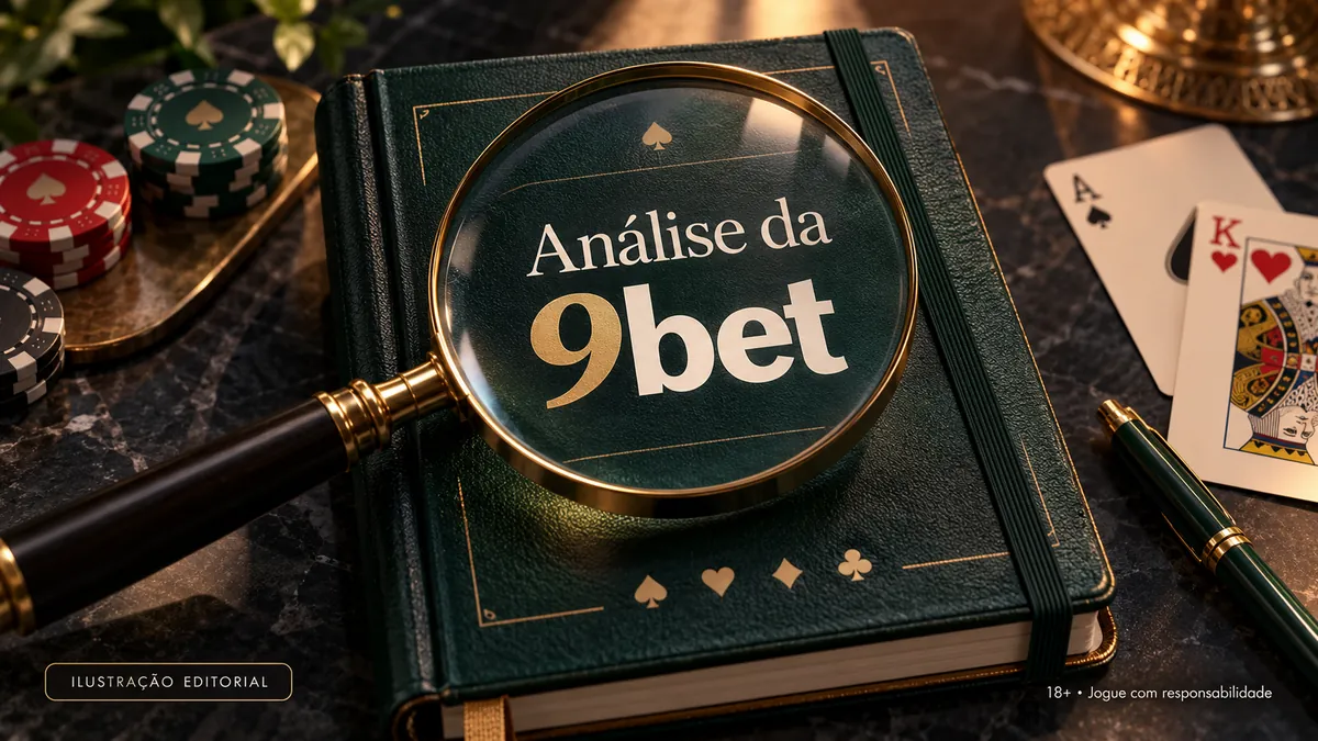 Caderno verde com o título Análise da 9bet sob uma lupa dourada, com cartas e fichas ao lado
