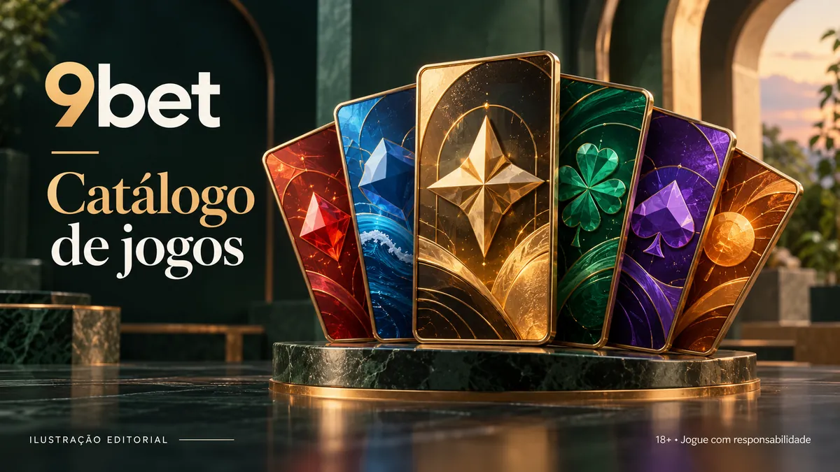 Cartas coloridas em leque sobre pedestal de mármore, com o texto 9bet Catálogo de jogos