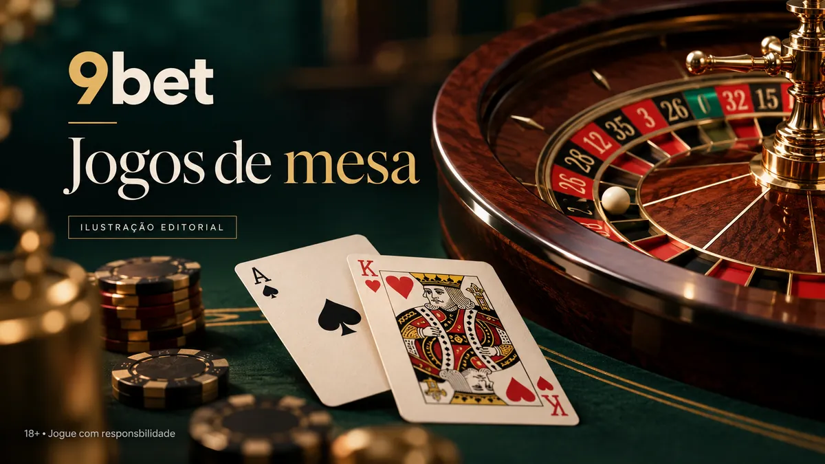 Roleta de madeira, ás de espadas e rei de copas, com o texto 9bet Jogos de mesa