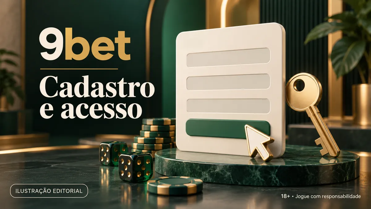 Formulário estilizado com cursor e chave dourada, com o texto 9bet Cadastro e acesso