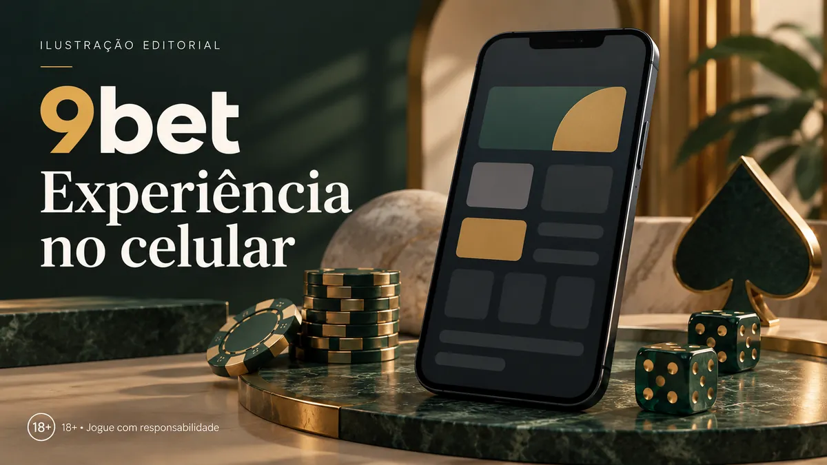 Celular em base de mármore entre fichas e dados, com o texto 9bet Experiência no celular