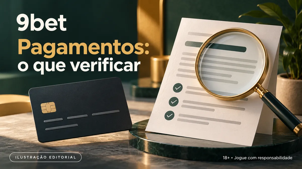 Cartão preto e lupa sobre documento com itens marcados, com o texto 9bet Pagamentos: o que verificar