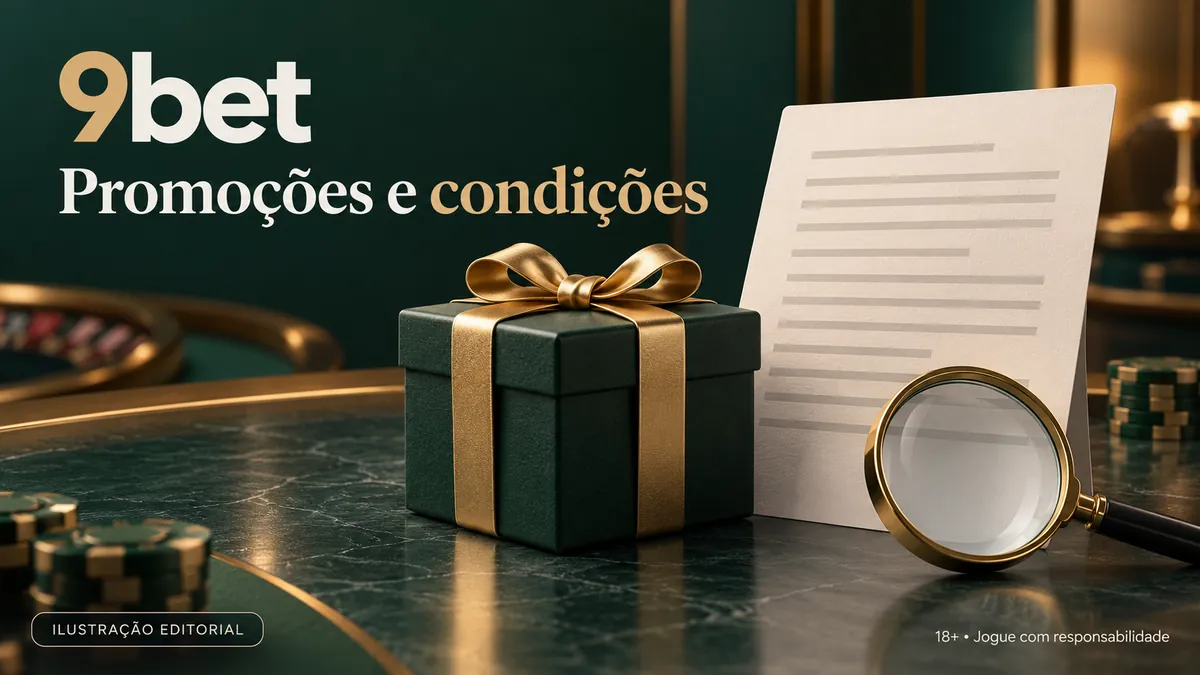 Presente verde com laço dourado e lupa sobre um documento, com o texto 9bet Promoções e condições