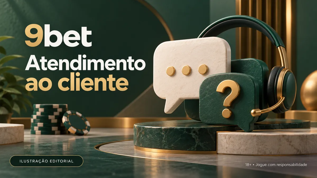 Balões de conversa e fone de ouvido sobre mármore, com o texto 9bet Atendimento ao cliente