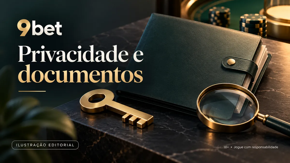 Carteira de couro, chave dourada e lupa, com o texto 9bet Privacidade e documentos