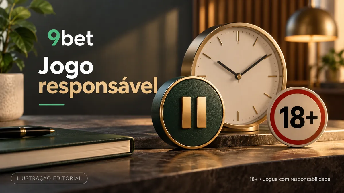 Relógio, botão de pausa e selo 18+, com o texto 9bet Jogo responsável