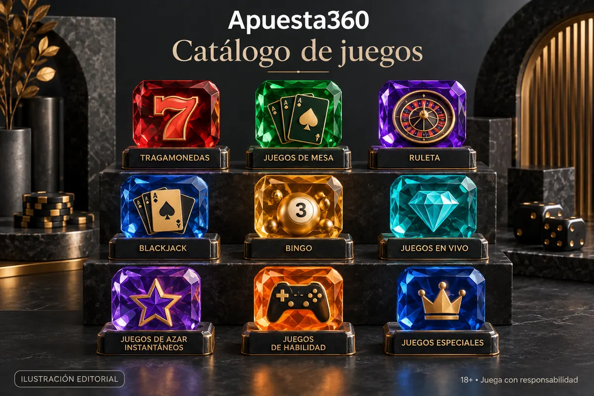 Catálogo de juegos de Apuesta360: tragamonedas, mesas y casino en vivo. Ilustración editorial.