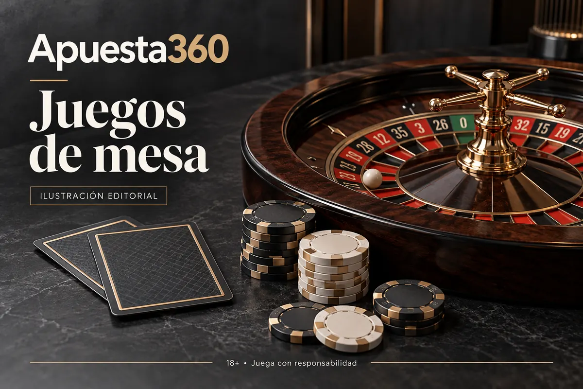 Juegos de mesa en Apuesta360: ruleta, blackjack y bacará. Ilustración editorial.