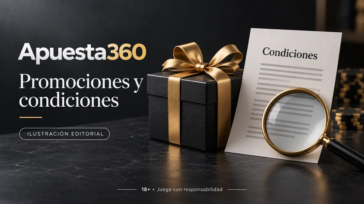 Promociones y condiciones en Apuesta360: revisa el rollover y la apuesta máxima. Ilustración editorial.