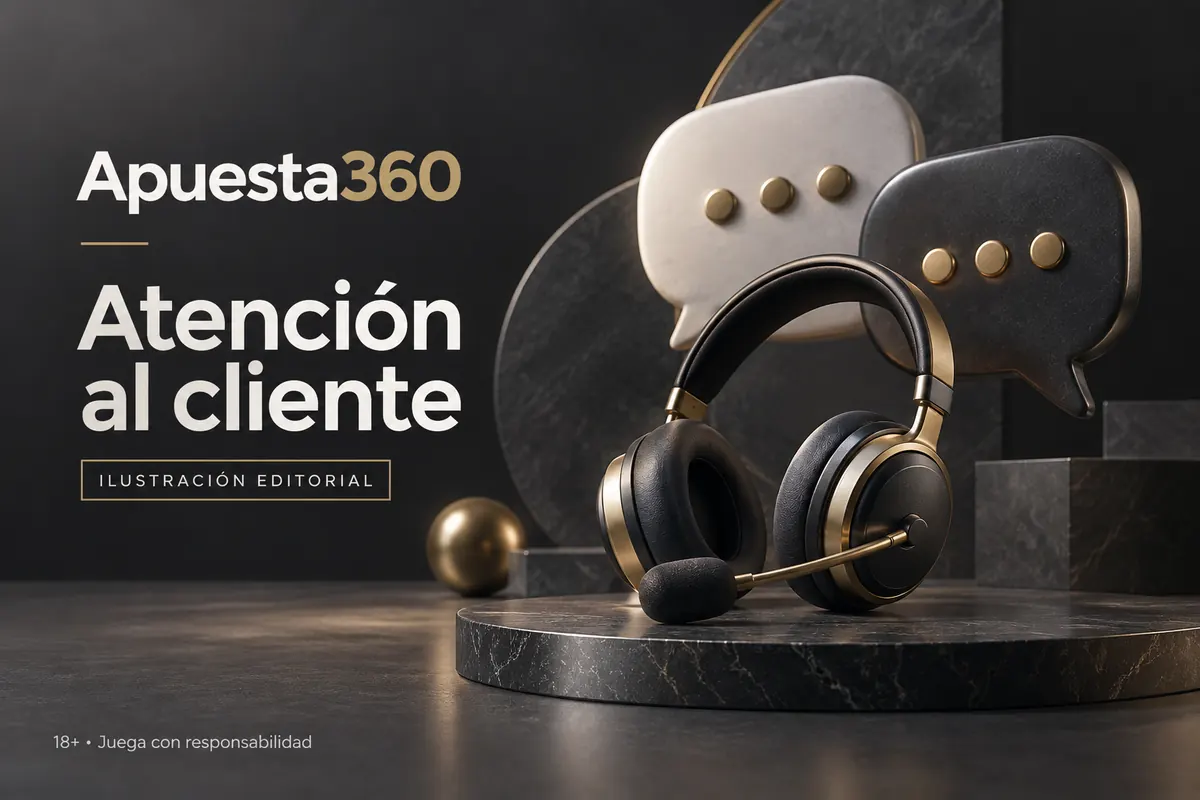 Atención al cliente de Apuesta360: chat y correo; comprueba horarios e idioma. Ilustración editorial.