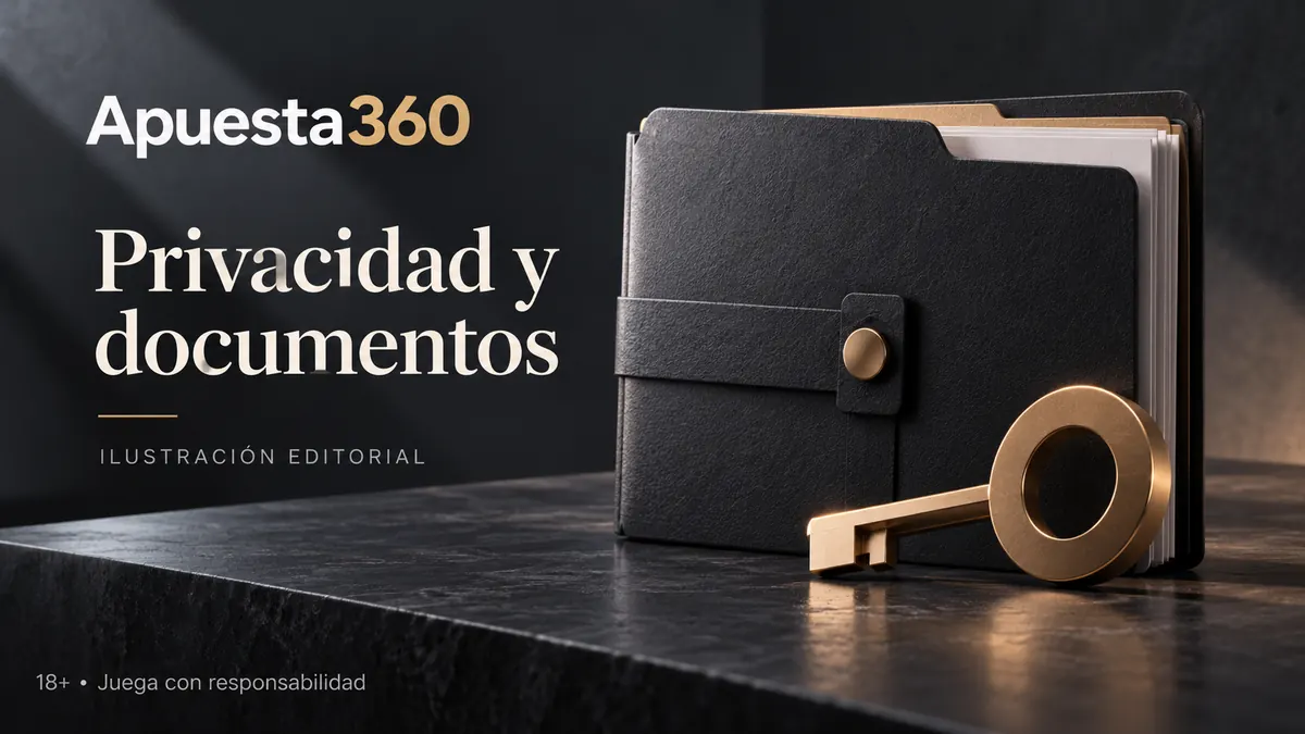 Privacidad y documentos en Apuesta360: verificación de identidad antes del primer retiro. Ilustración editorial.