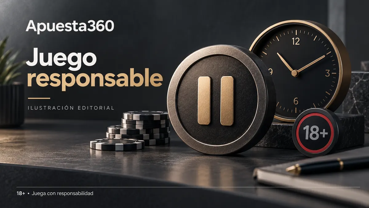 Juego responsable en Apuesta360: límites de depósito, pausas y autoexclusión. Ilustración editorial.