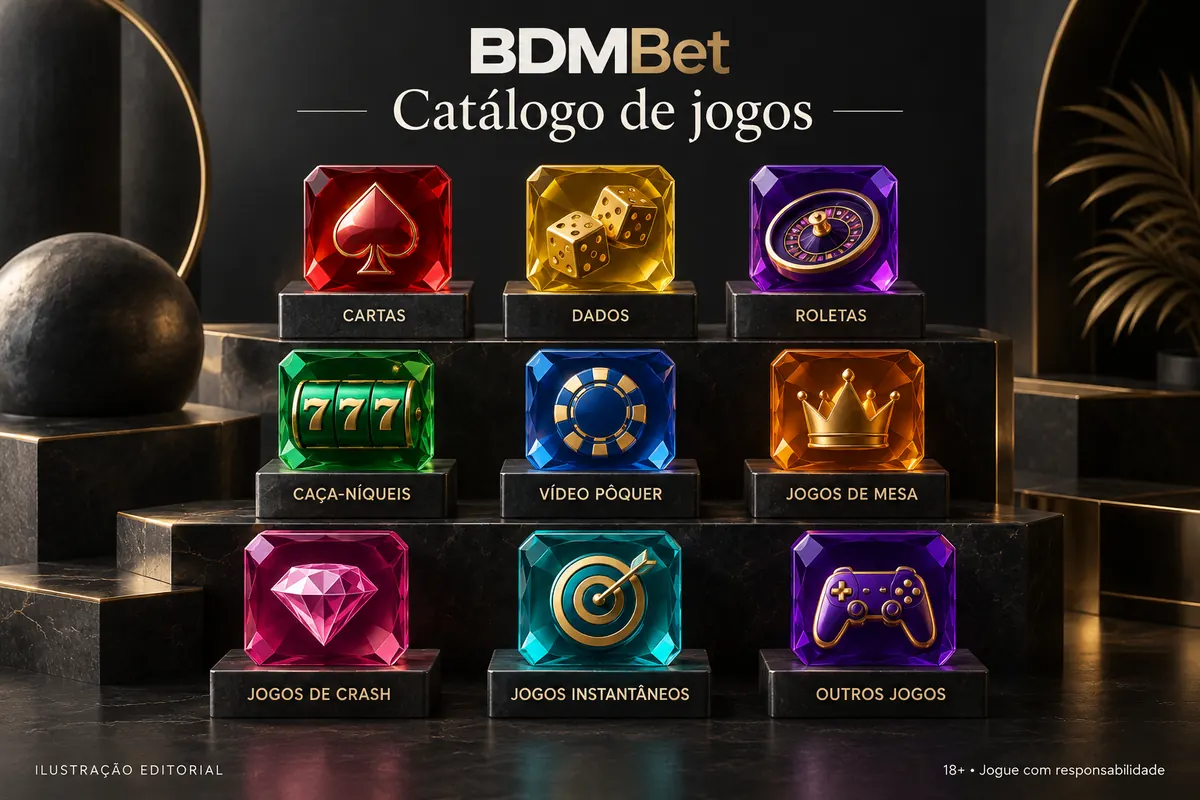 Catálogo de jogos de BDMBet: slots, mesas e cassino ao vivo. Ilustração editorial.