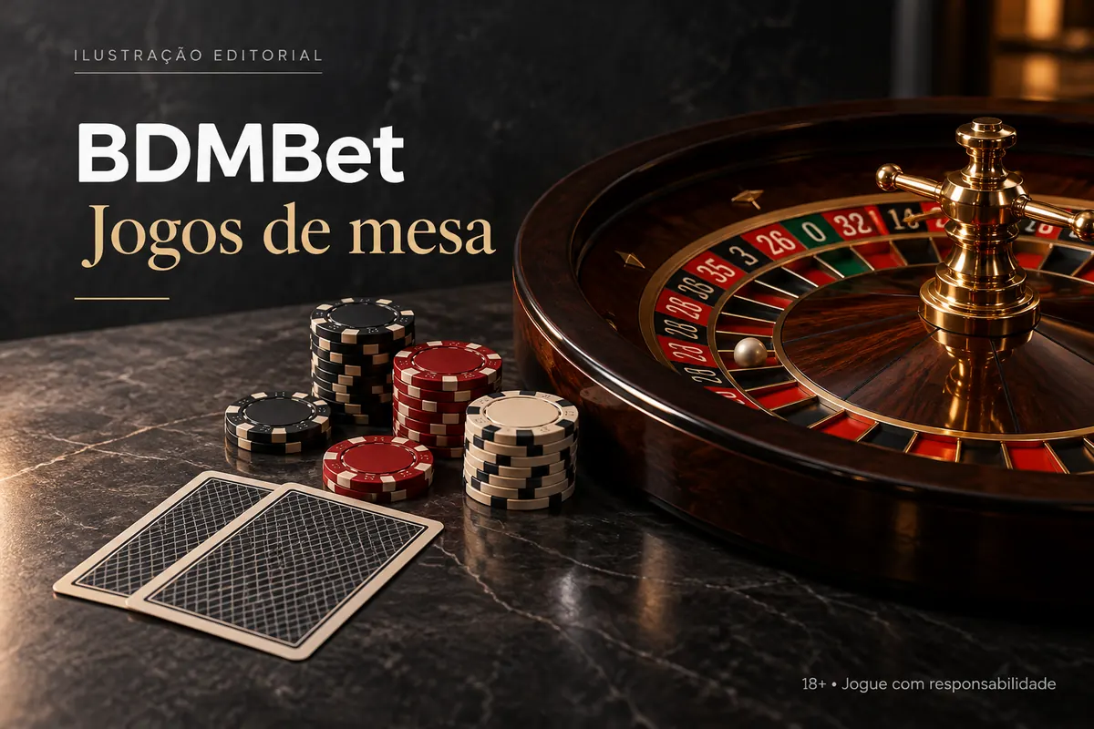 Jogos de mesa em BDMBet: roleta, blackjack e bacará. Ilustração editorial.