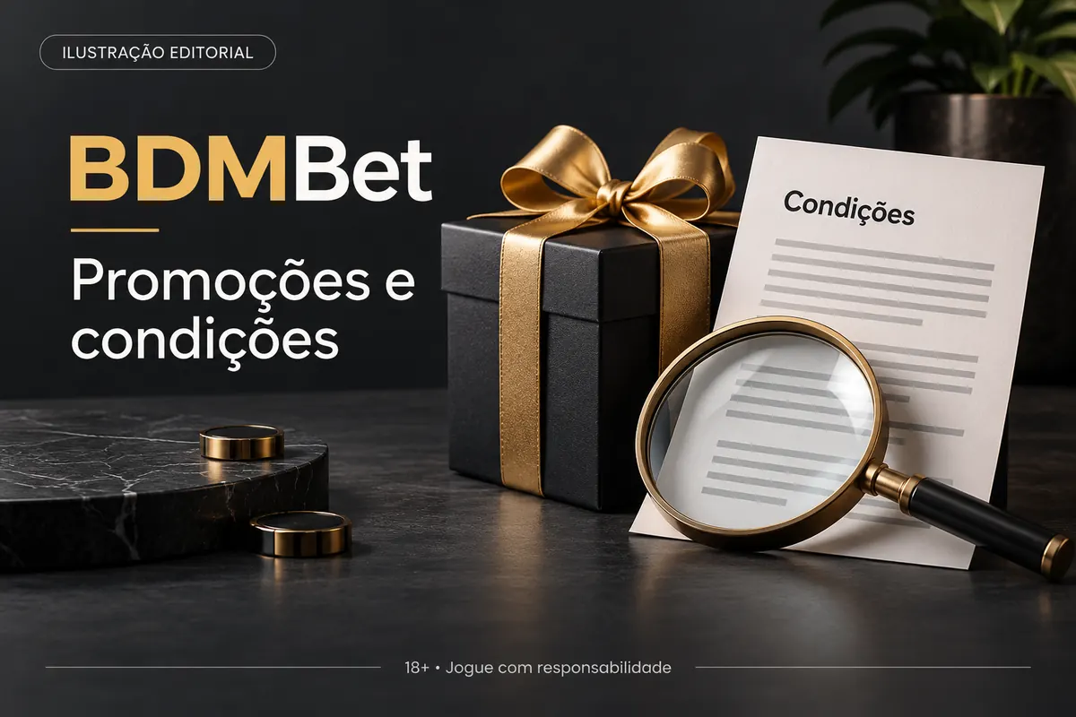 Promoções e condições em BDMBet: confira o rollover e a aposta máxima. Ilustração editorial.