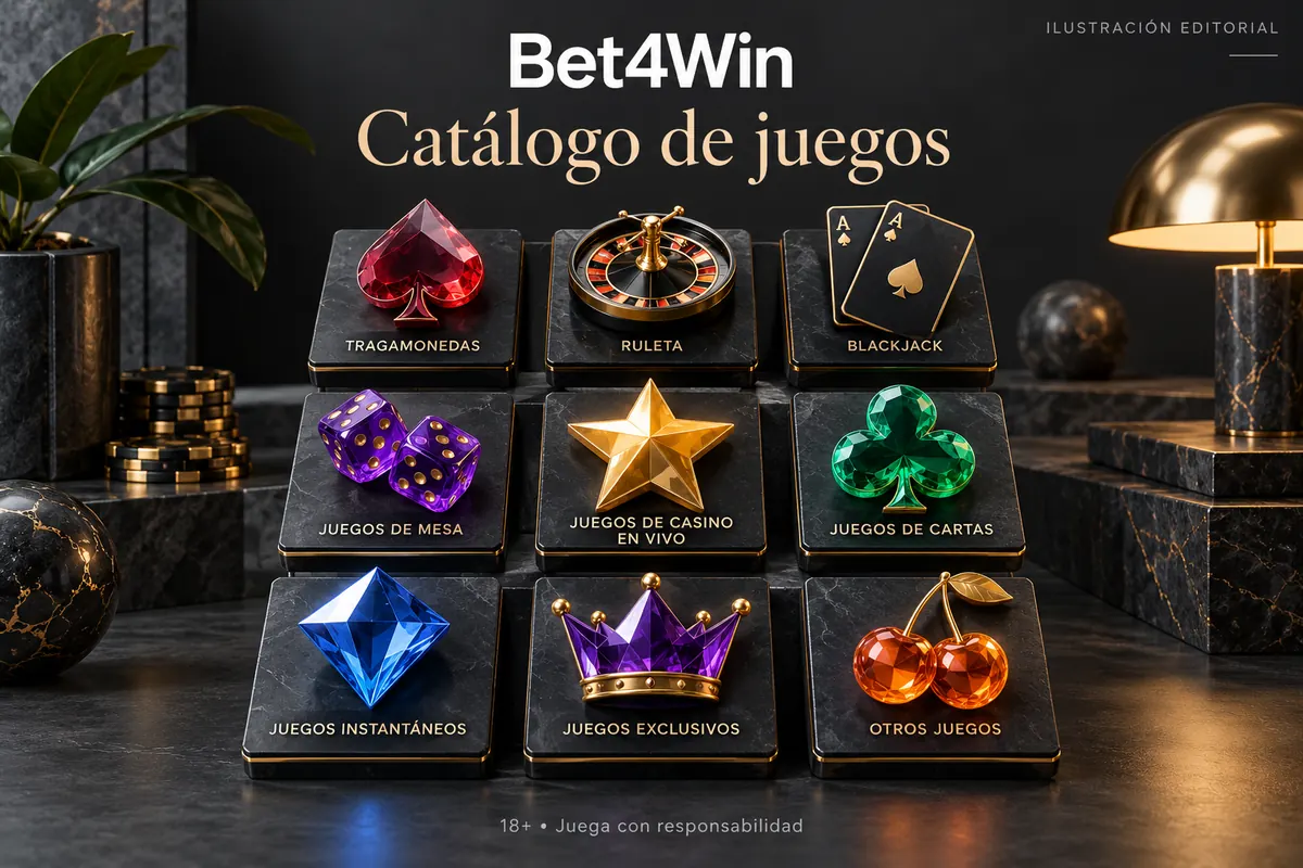 Catálogo de juegos de Bet4Win: tragamonedas, mesas y casino en vivo. Ilustración editorial.