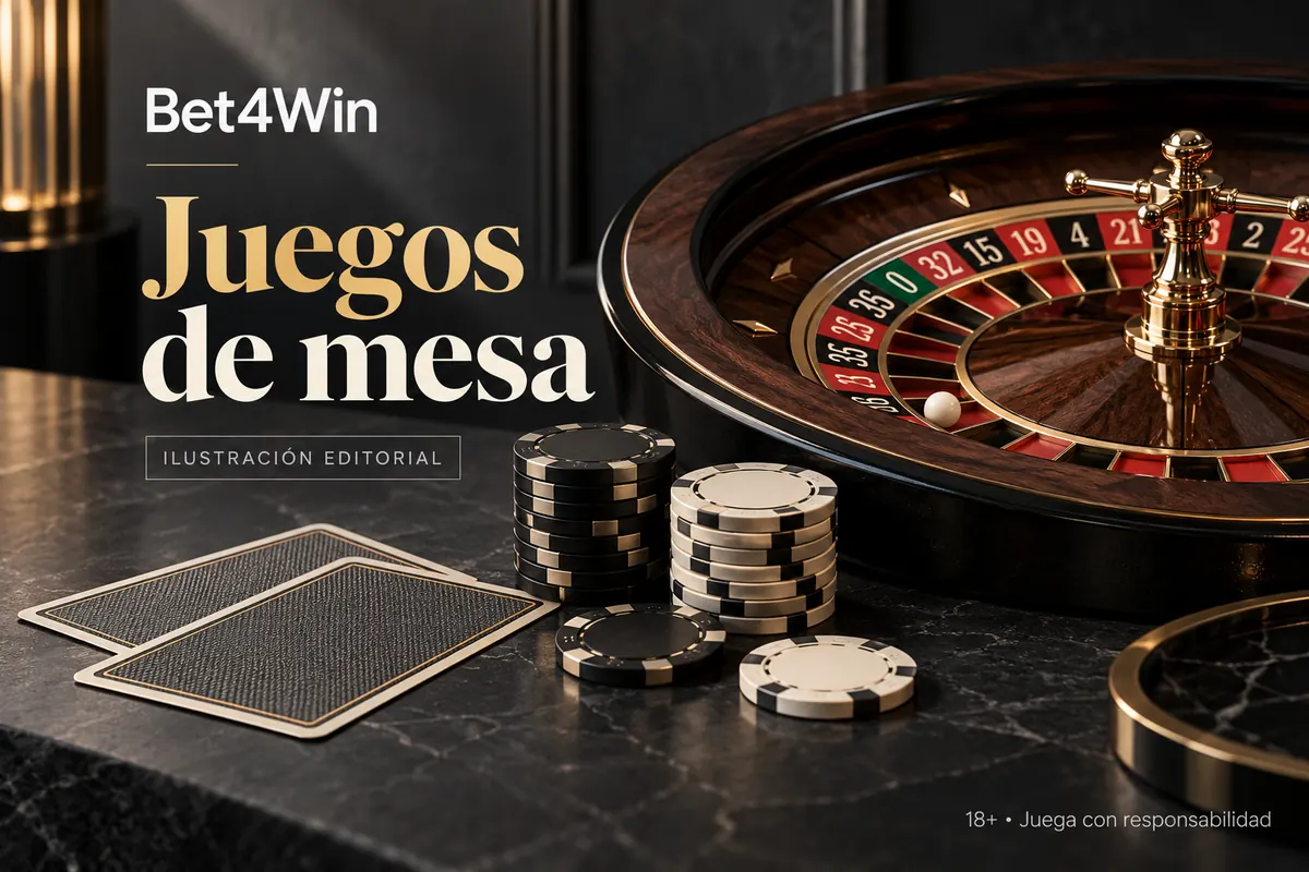 Juegos de mesa en Bet4Win: ruleta, blackjack y bacará. Ilustración editorial.