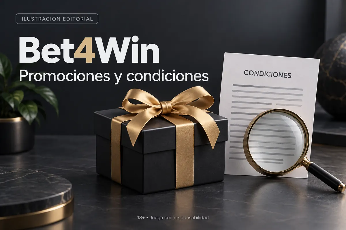 Promociones y condiciones en Bet4Win: revisa el rollover y la apuesta máxima. Ilustración editorial.