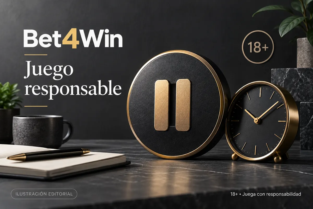Juego responsable en Bet4Win: límites de depósito, pausas y autoexclusión. Ilustración editorial.