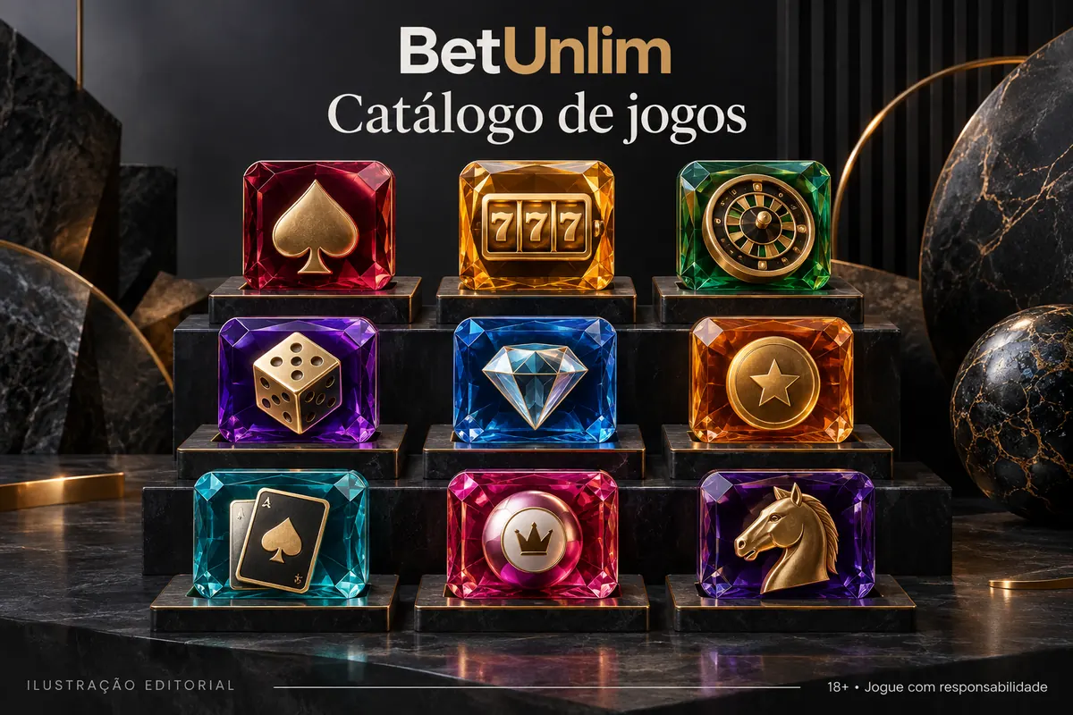 Catálogo de jogos de BetUnlim: slots, mesas e cassino ao vivo. Ilustração editorial.