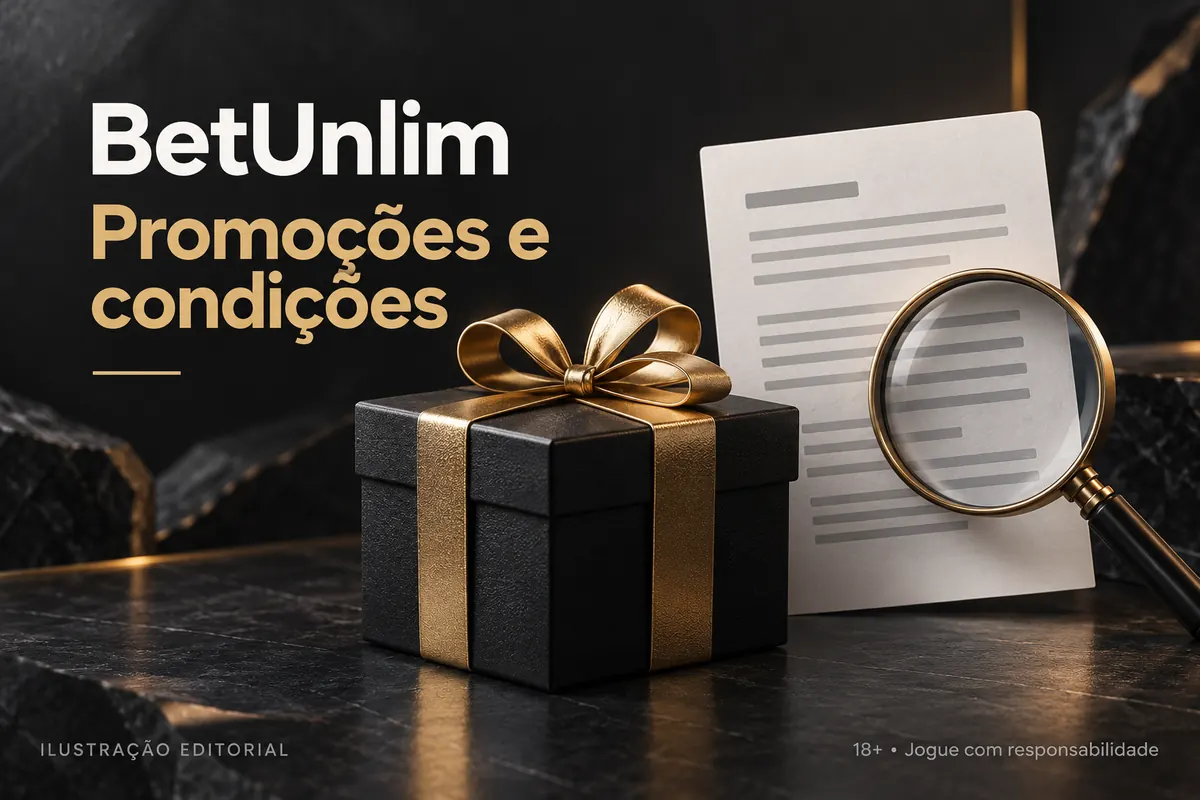 Promoções e condições em BetUnlim: confira o rollover e a aposta máxima. Ilustração editorial.