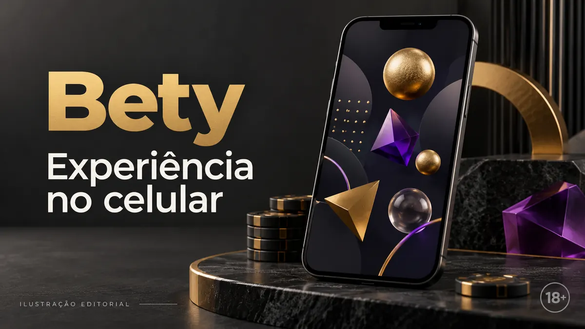 Bety no celular: funciona pelo navegador, o app é opcional. Ilustração editorial.