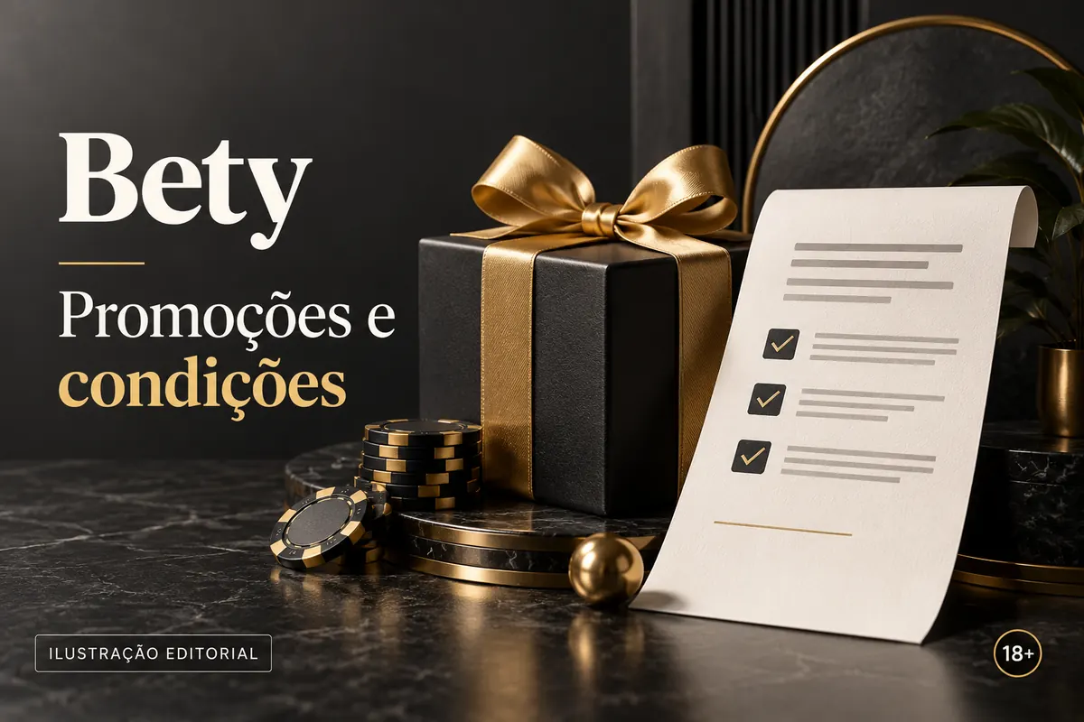 Promoções e condições em Bety: confira o rollover e a aposta máxima. Ilustração editorial.