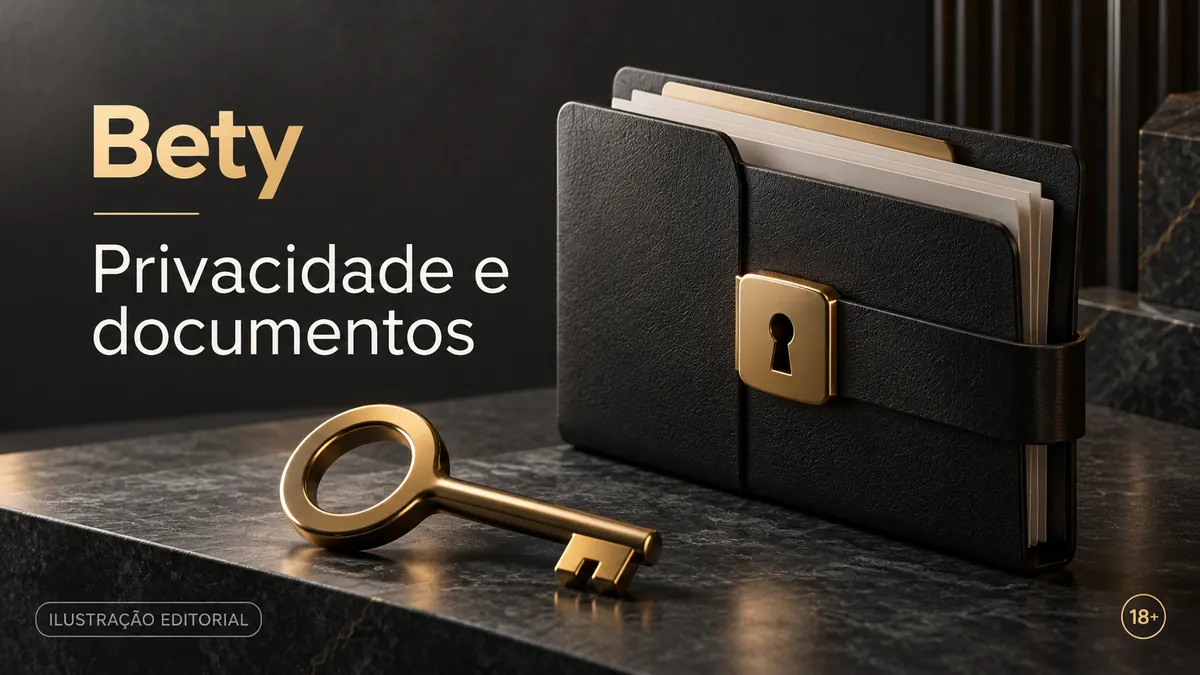 Privacidade e documentos em Bety: verificação de identidade antes do primeiro saque. Ilustração editorial.